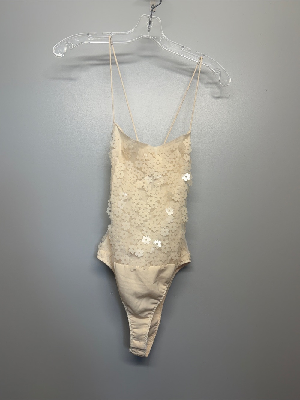 Zara Cream Floral Sequin Mesh Bodysuit